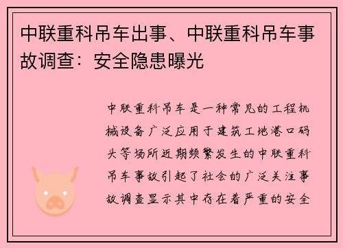 中联重科吊车出事、中联重科吊车事故调查：安全隐患曝光