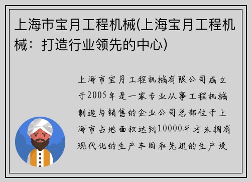 上海市宝月工程机械(上海宝月工程机械：打造行业领先的中心)