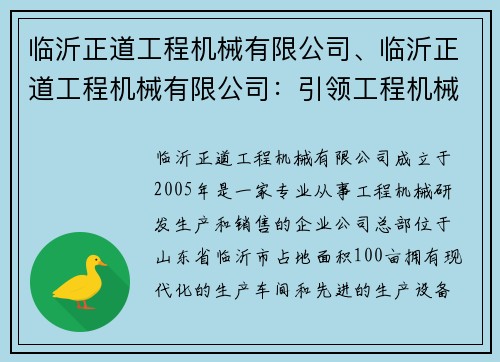 临沂正道工程机械有限公司、临沂正道工程机械有限公司：引领工程机械行业发展的领军者